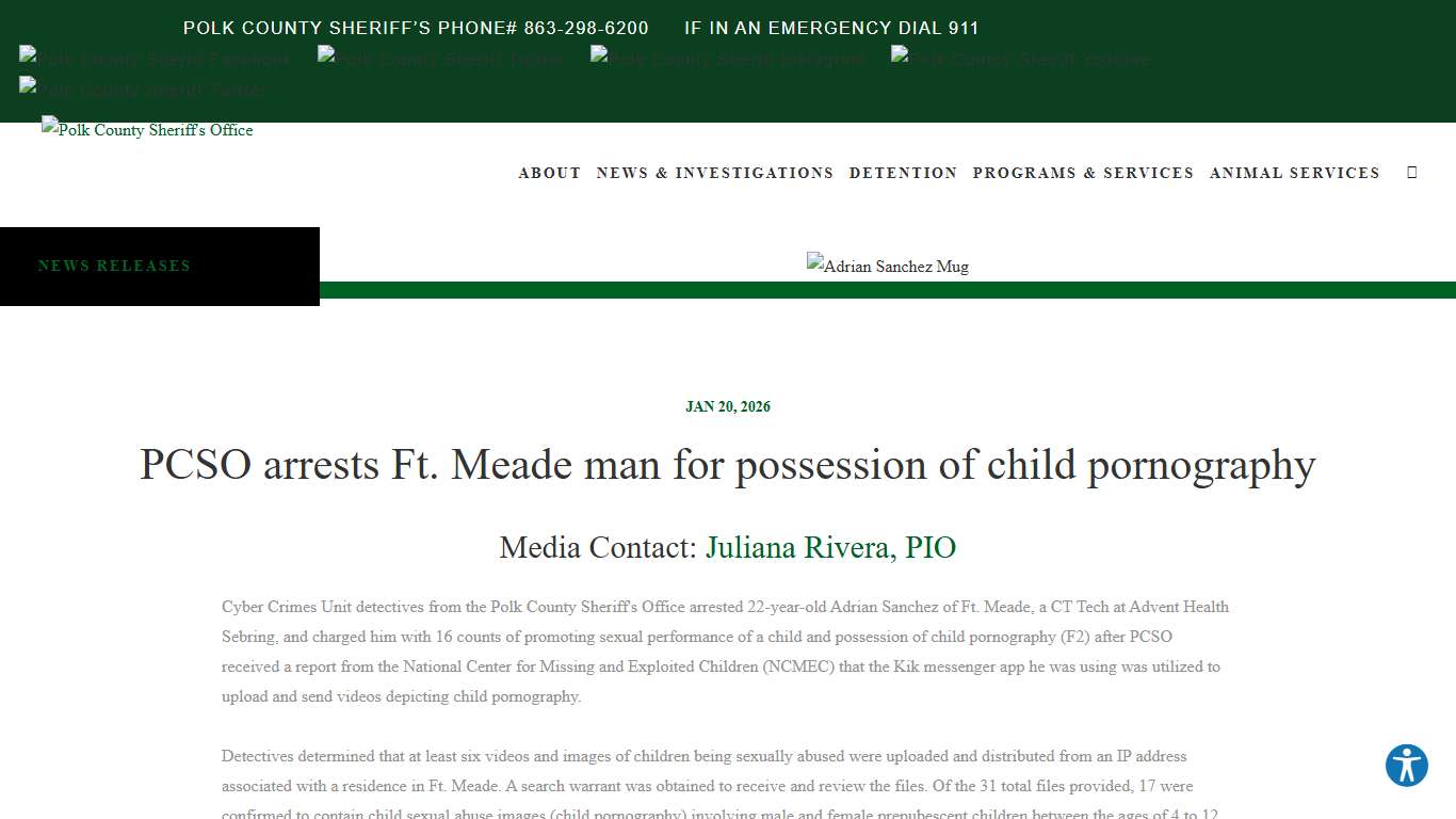 PCSO arrests Ft. Meade man for possession of child pornography